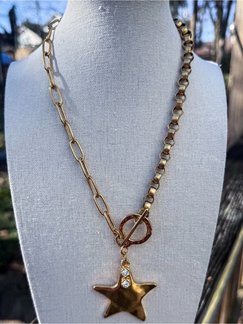 12k Antiqued Gold Mixed Chain Hammered Star Toggle Necklace